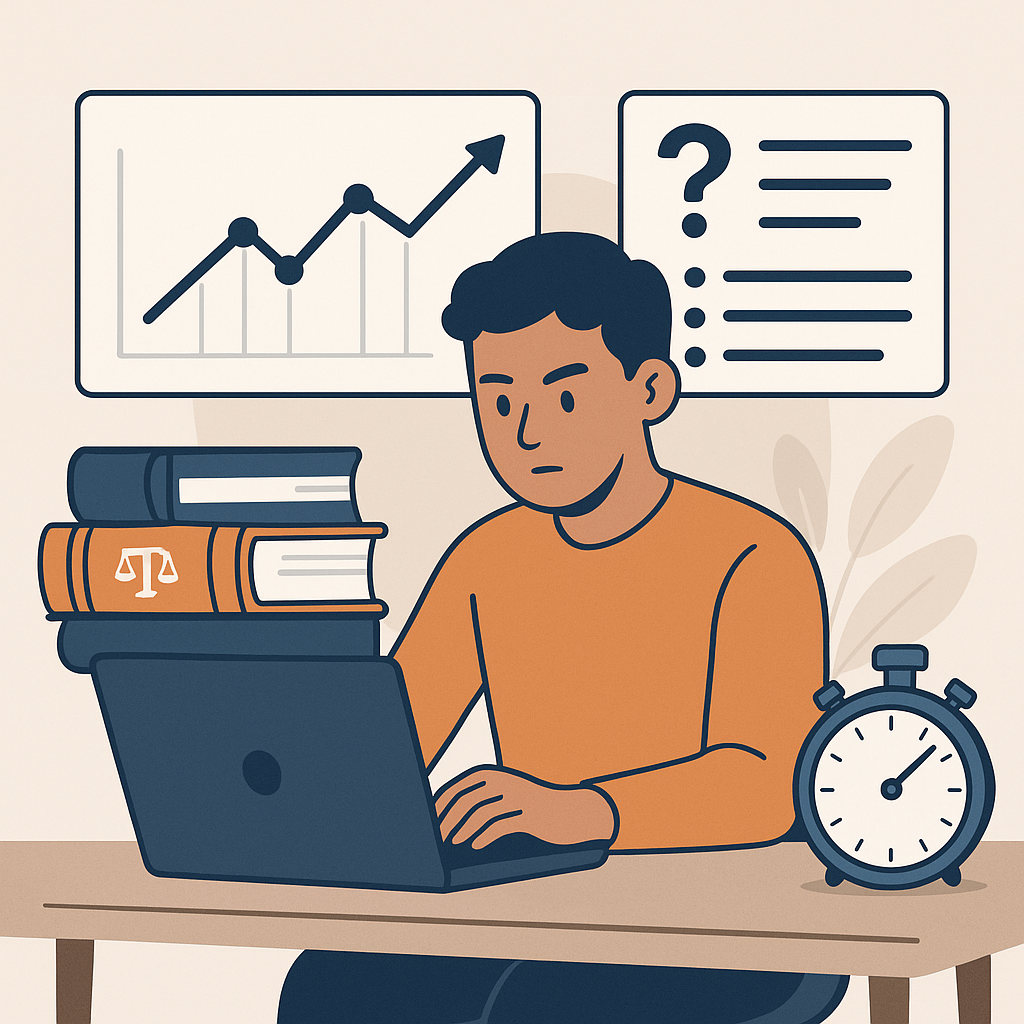 A modern illustration of a focused student at a desk with a laptop, analyzing performance data and drilling questions, s...