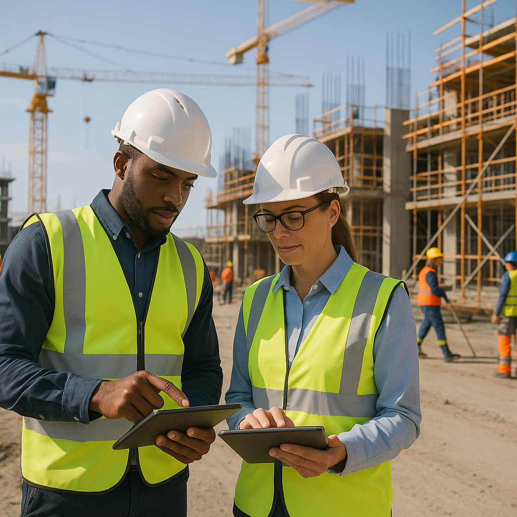 A realistic construction site with project managers using tablets to review billing workflows, featuring cranes, scaffol...