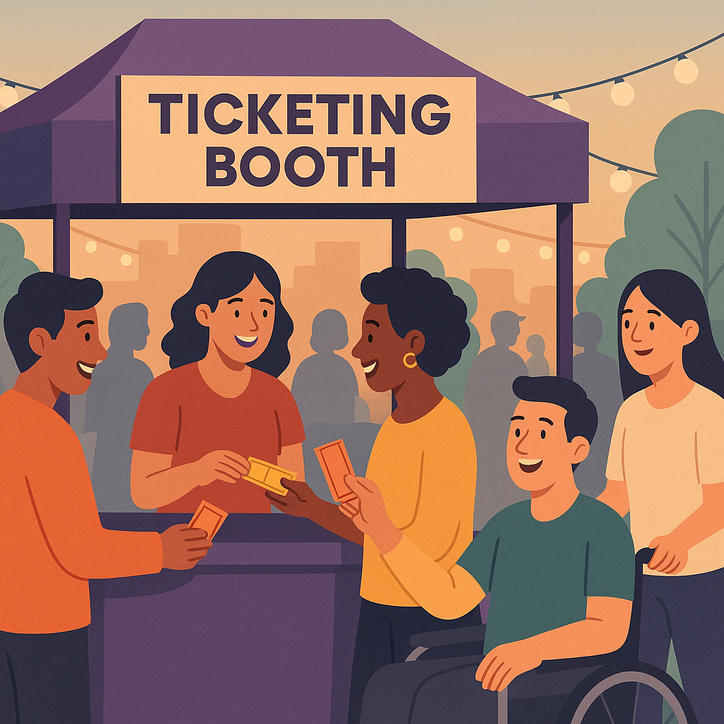 An illustration of a community event (like a charity dinner or cultural festival) with a 'ticketing booth' sign, showing...