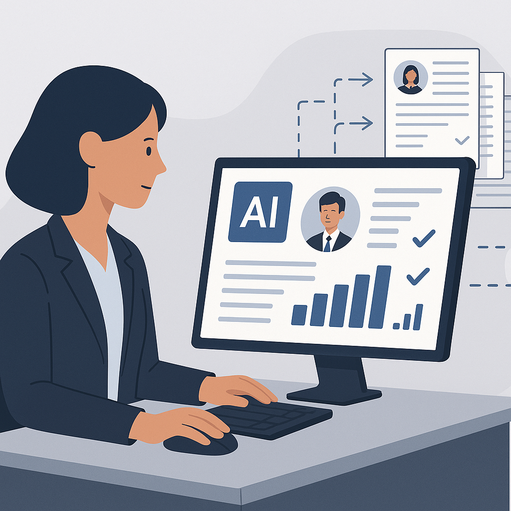 An illustration of a recruiter at a desk with an AI-powered dashboard on their screen, a stack of resumes being processe...