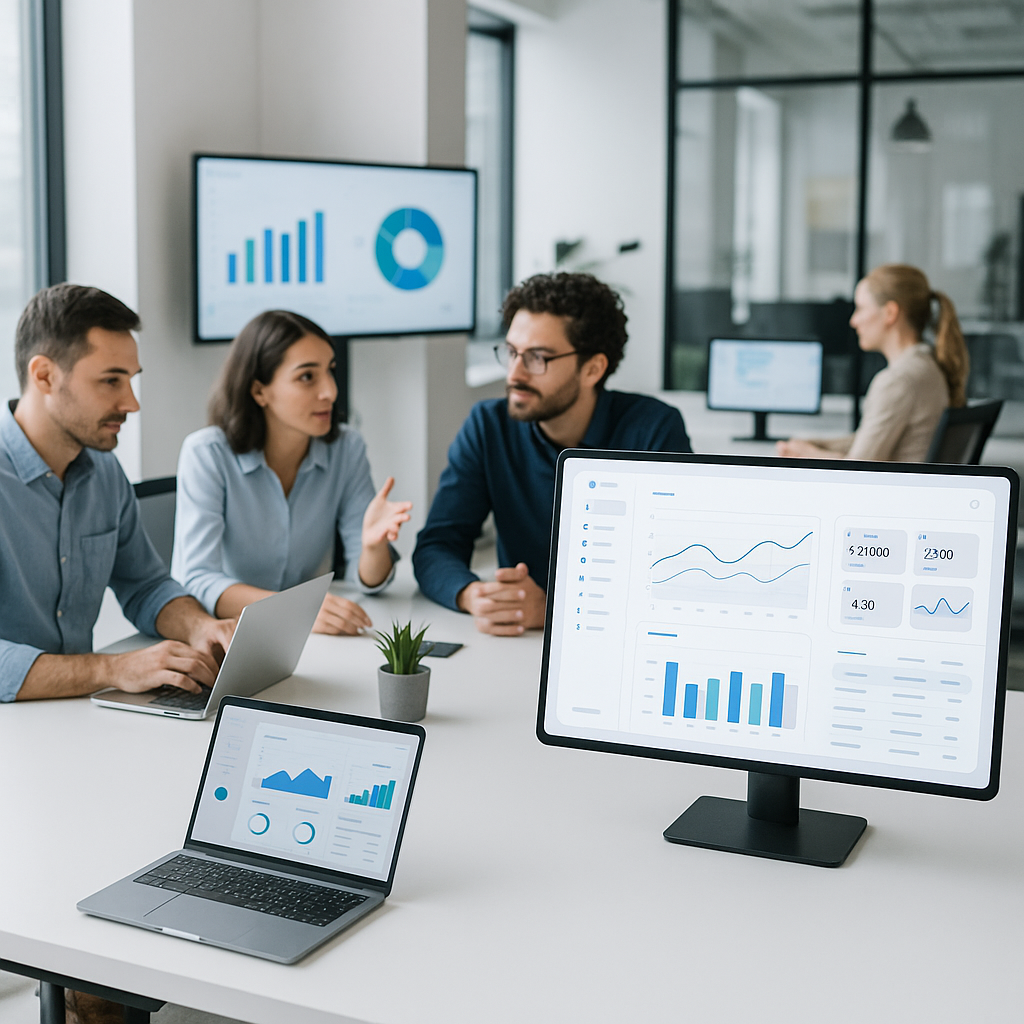 A modern office with people working collaboratively, multiple screens showing charts and dashboards, and a clean, futuri...