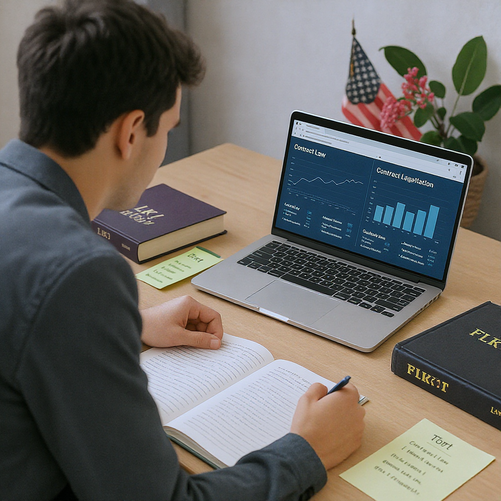 An image depicting a UK law student studying at a desk with legal textbooks, a laptop showing analytics charts, and high...