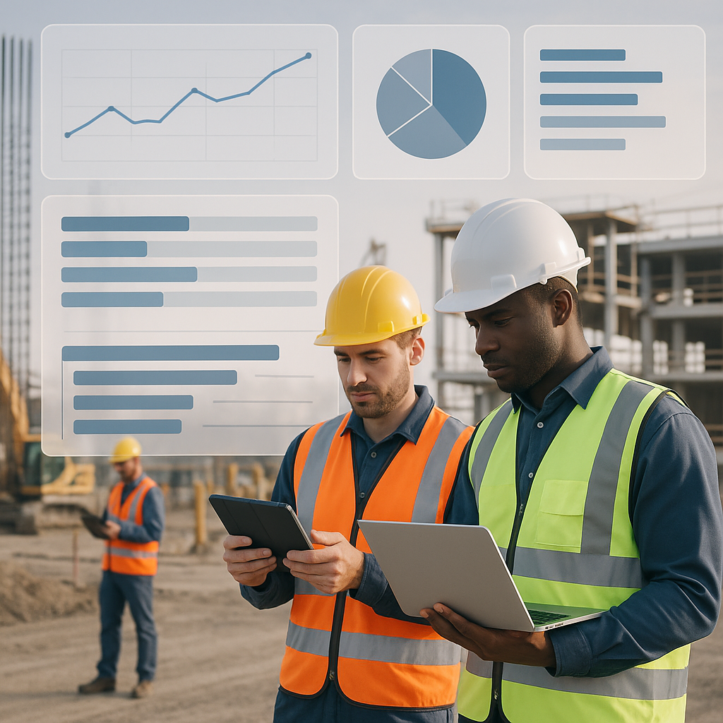 A construction site with workers using tablets and laptops, overlaid with a digital project management dashboard showing...