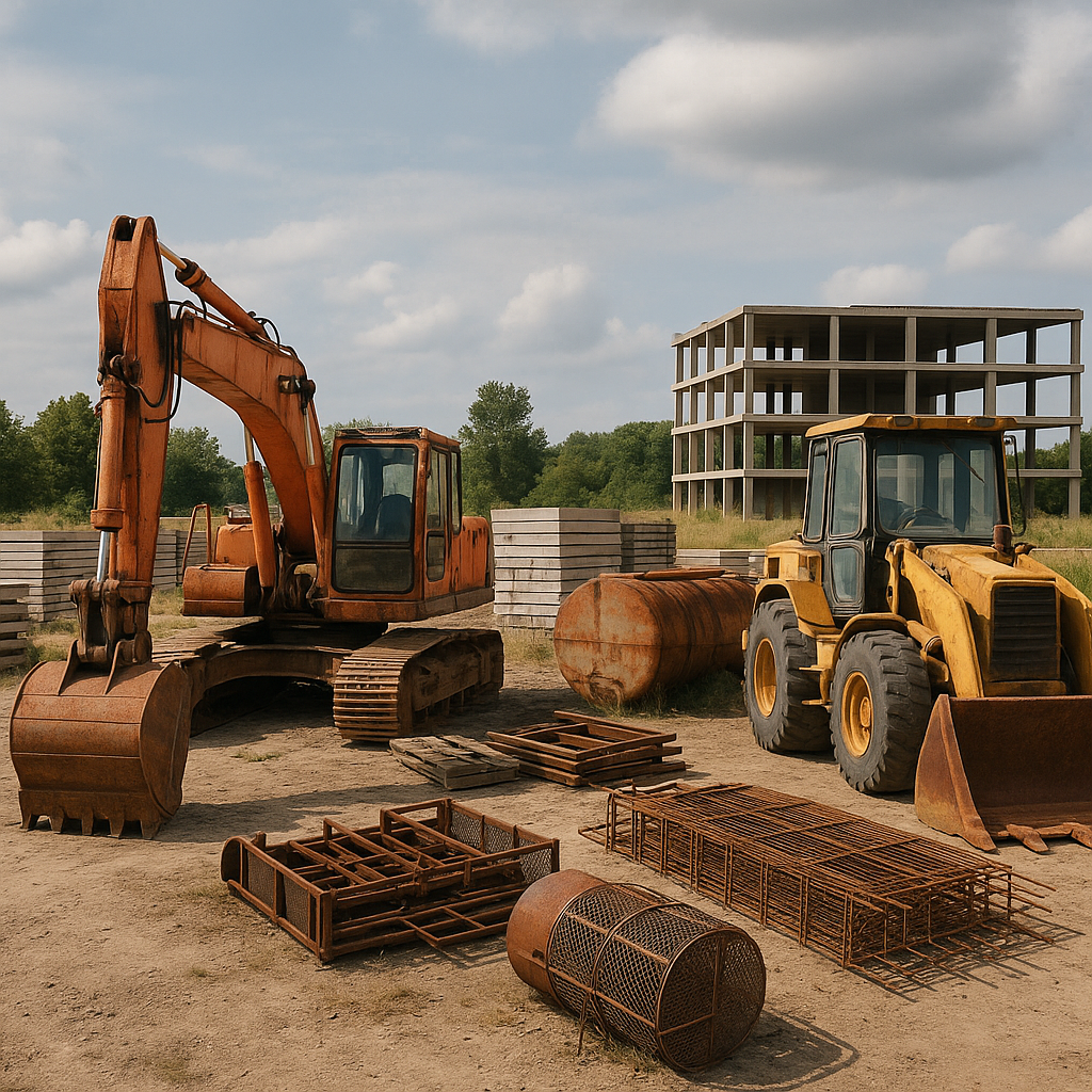 An underutilized construction site with idle heavy machinery, rusted equipment, and stacks of unused materials, in a rea...