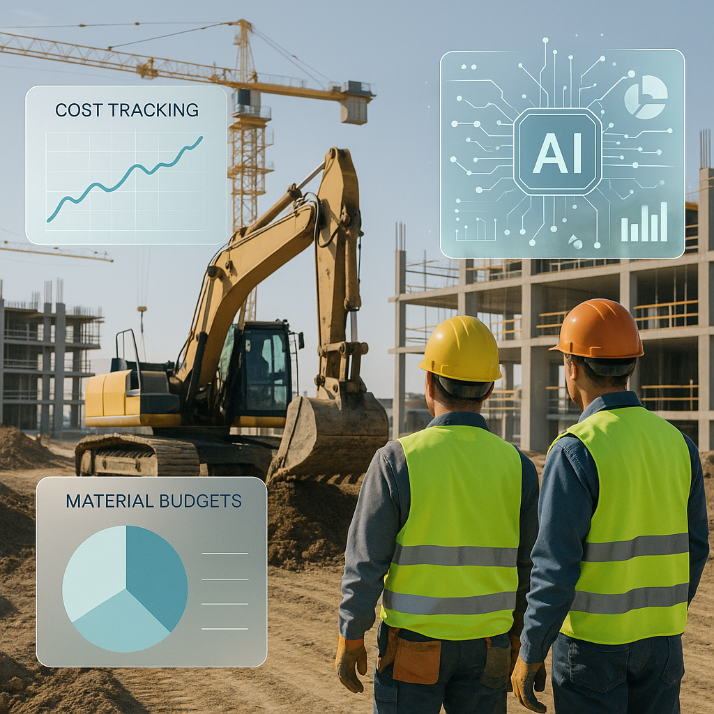 A modern construction site with workers and machinery, overlaid with digital dashboards and AI analytics visuals showing...