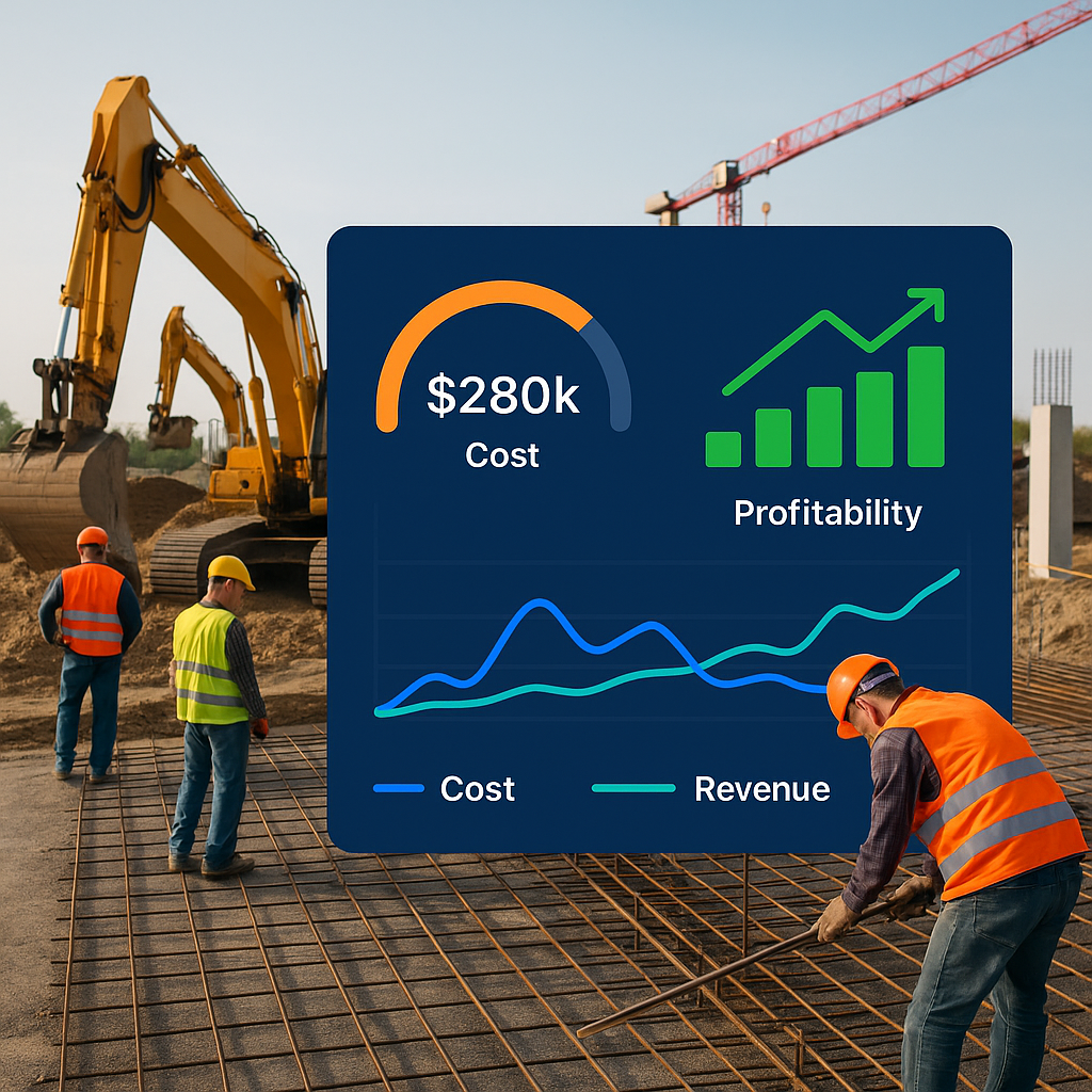 A construction site with workers and equipment, overlaid by a digital dashboard showing real-time cost tracking and prof...
