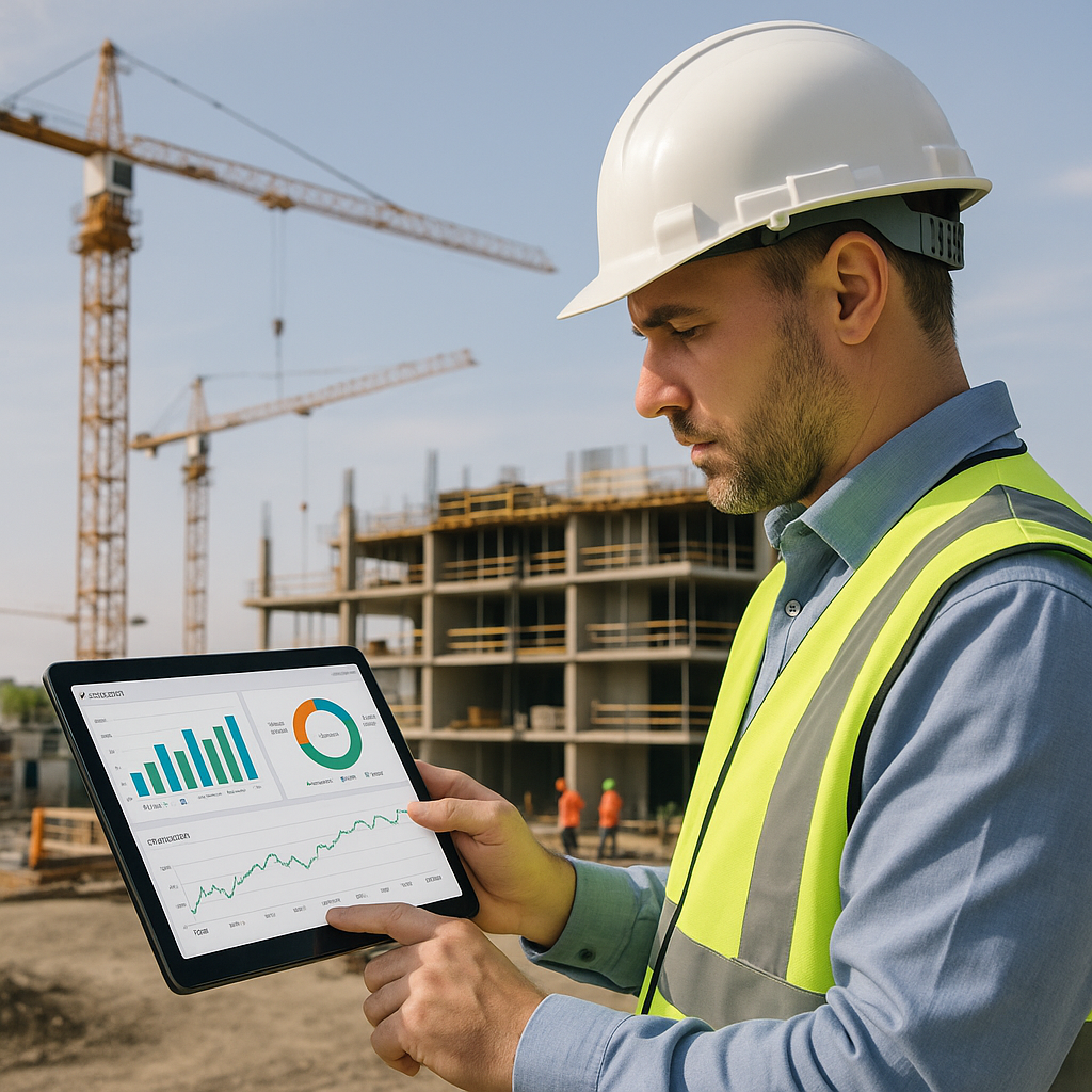 A construction contractor at a job site, using a tablet to monitor real-time project profitability dashboards, with cran...
