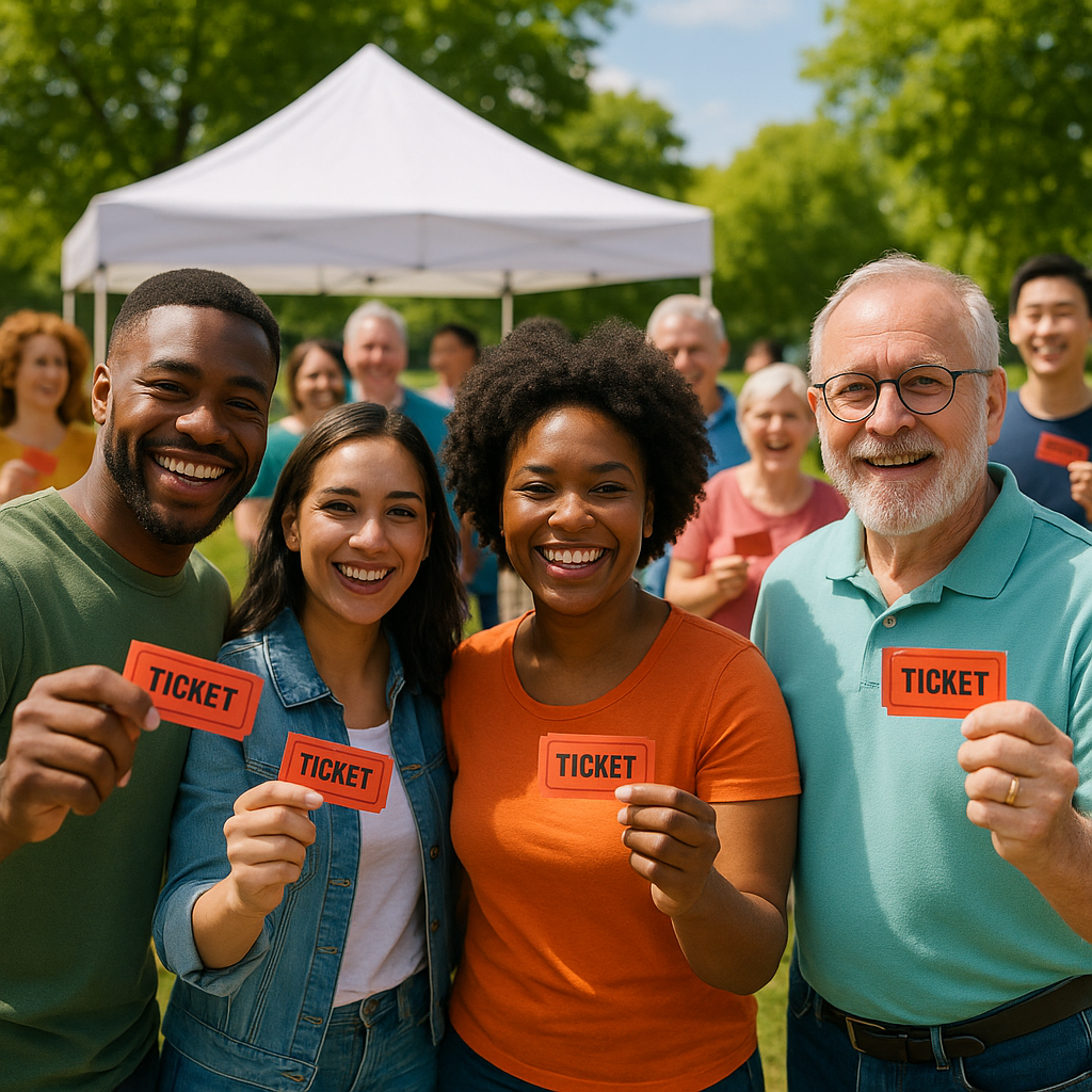 A community event with diverse attendees, tickets in hand, cheerful atmosphere; focus on inclusivity and affordability....