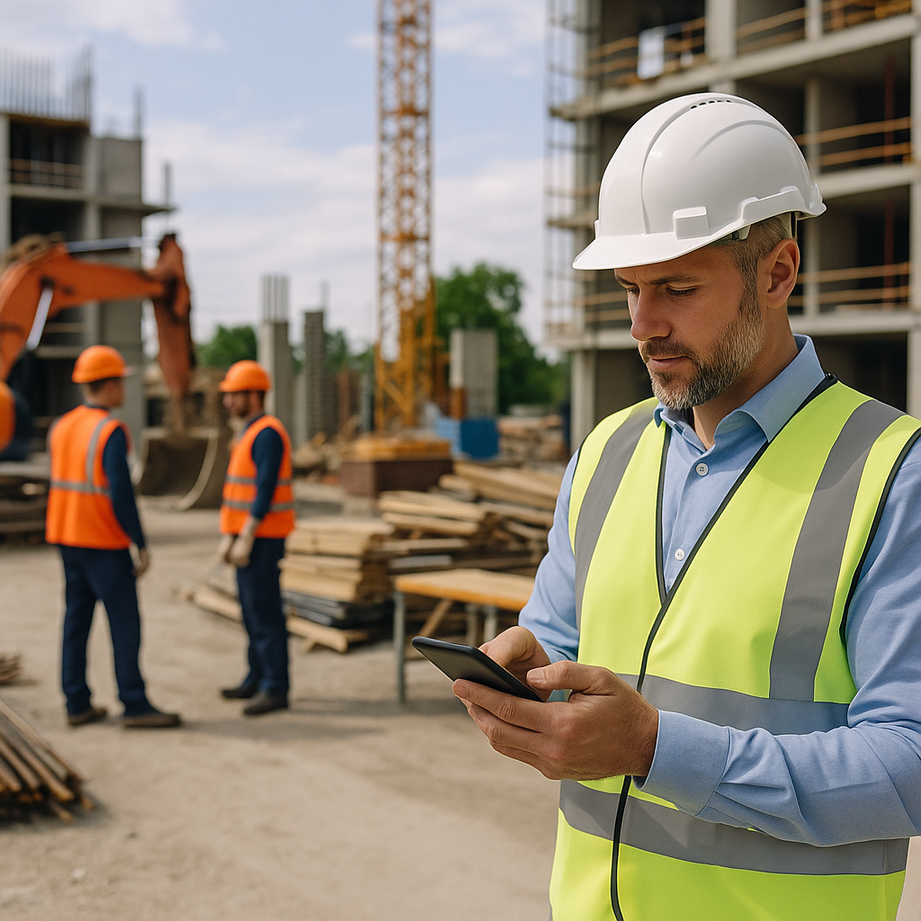 A busy construction site with a contractor using a mobile device to finalize a job quote, surrounded by equipment and wo...