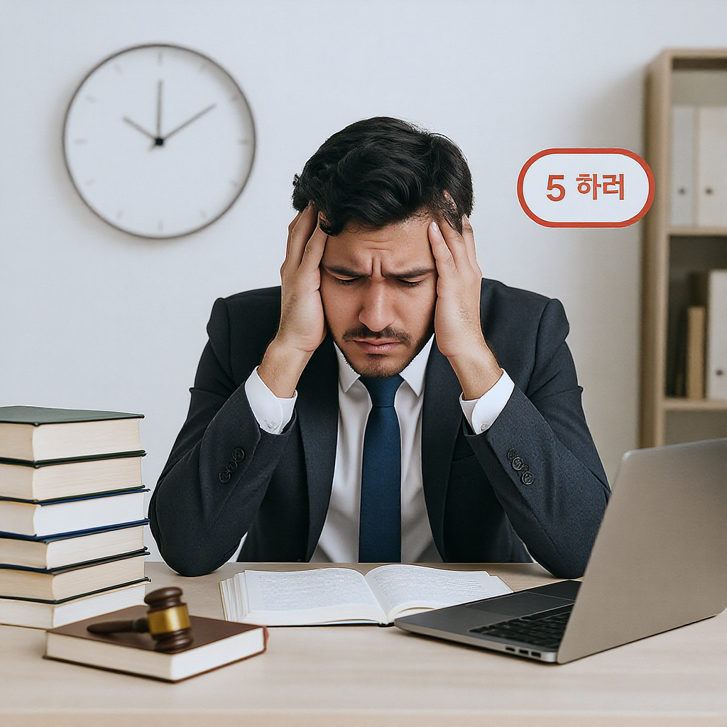 A stressed law student sitting at a desk surrounded by textbooks and a laptop, with a visible clock showing 5 hours left...