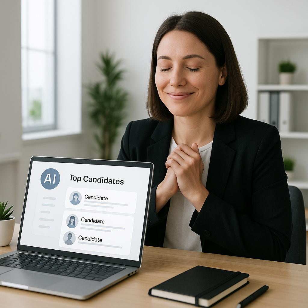 An HR professional sitting at a desk with a laptop, looking relieved as an AI-powered dashboard on the screen highlights...