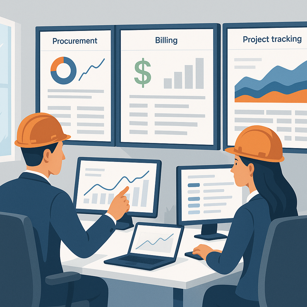 A detailed illustration showing construction managers in an office with multiple screens, reviewing real-time dashboards...