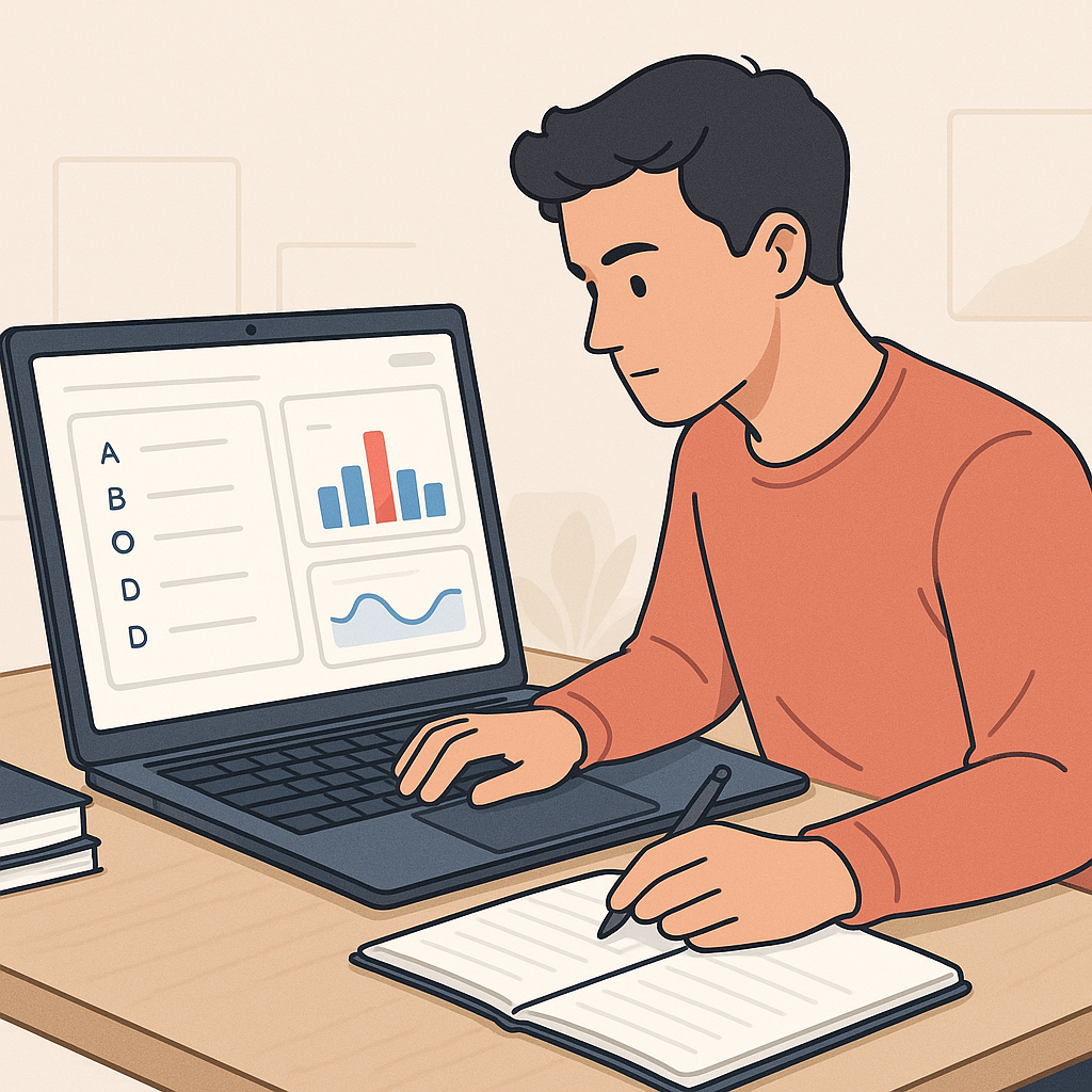 A detailed illustration of a student drilling MCQs on a laptop, with analytics graphs showing weak-topic detection on th...