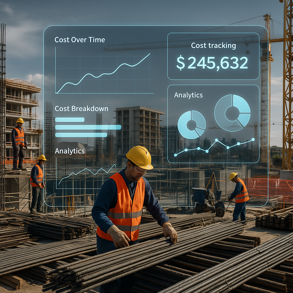 A construction site with workers, materials, and machinery, overlaid with a futuristic digital dashboard showing live co...
