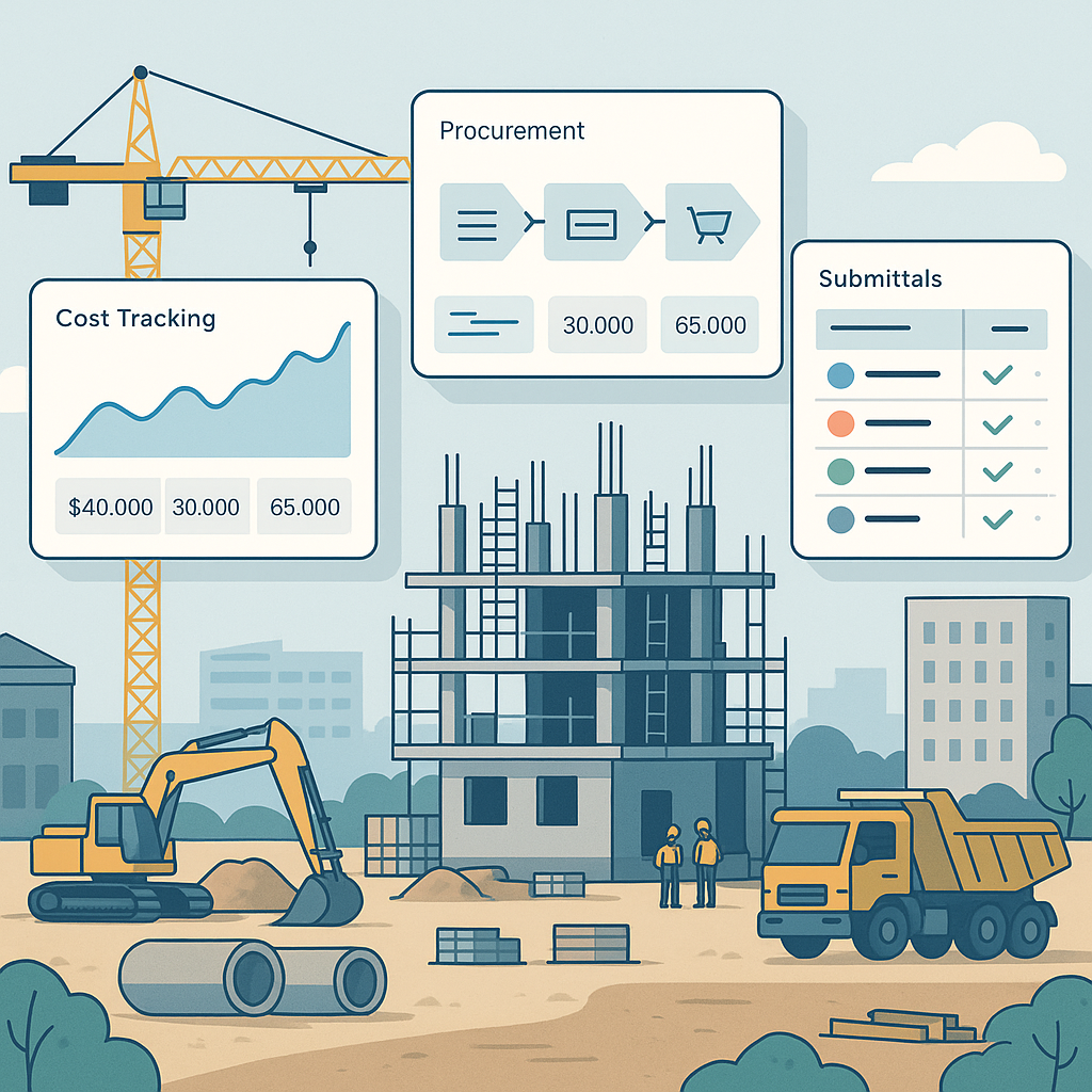 A detailed illustration of a construction site with interconnected digital dashboards floating above it, showing cost tr...
