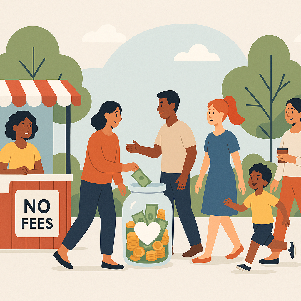 An illustration of a small community event with diverse people, a ticket booth labeled 'No Fees', and a donation jar fil...