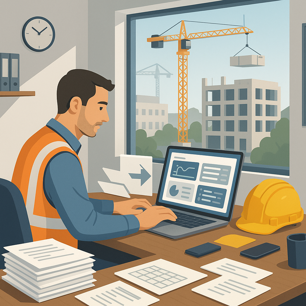 A detailed illustration of a small construction contractor's office, with a site engineer using a laptop displaying a un...