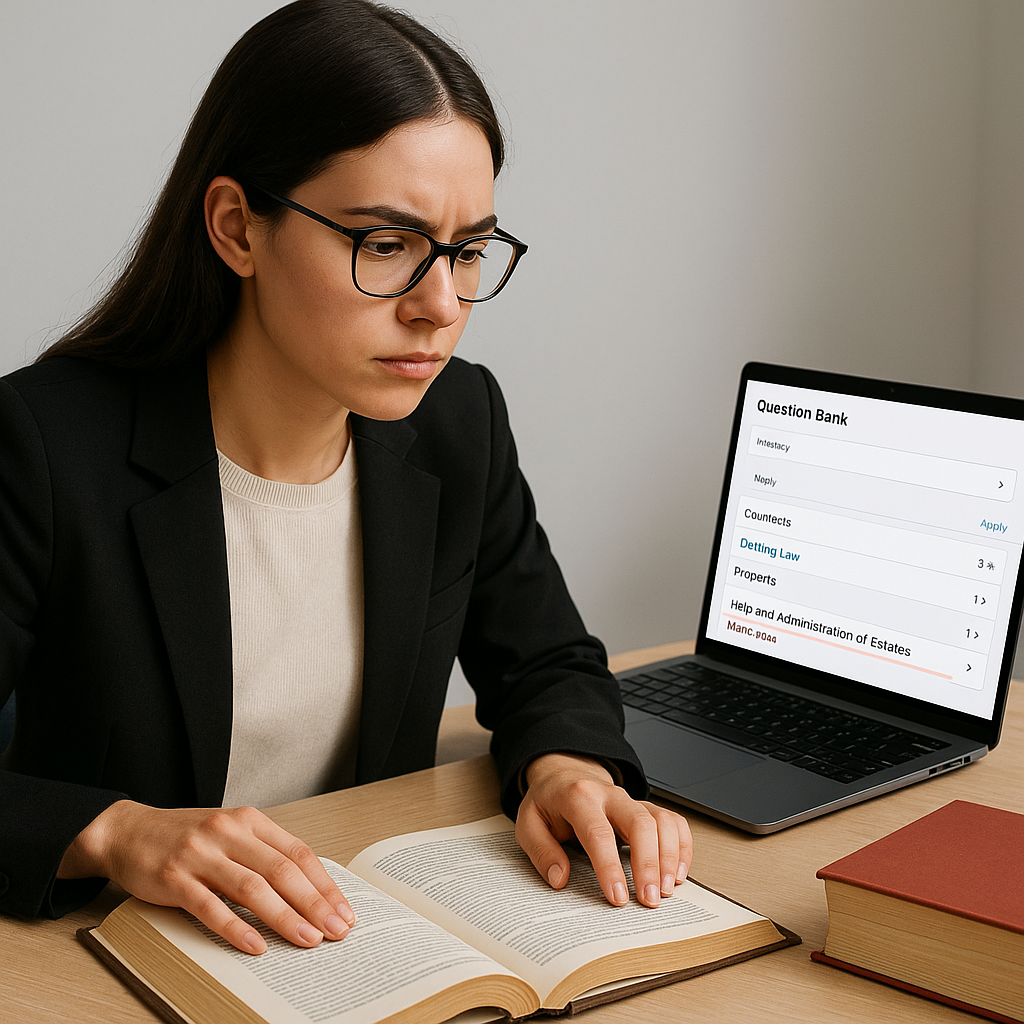 A focused law student at a desk with legal textbooks and a laptop open to a question bank interface, highlighting 'Wills...