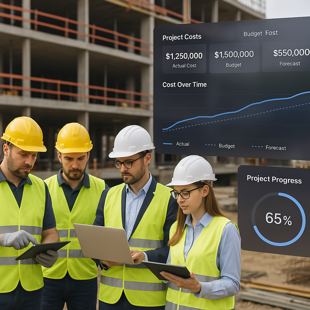 A construction site with workers and project managers using tablets and laptops, overlaid with a digital dashboard showi...