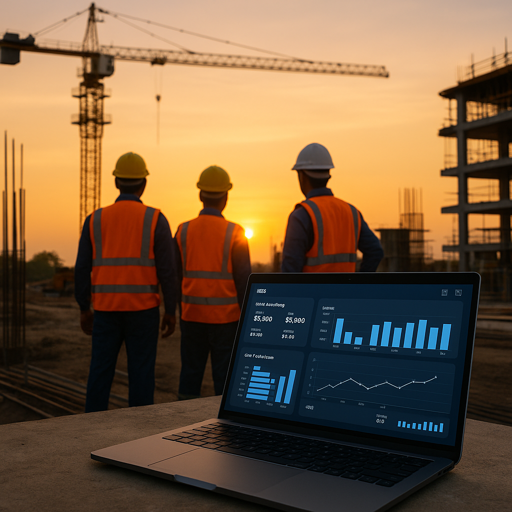 An Indian construction site at sunset, workers in reflective vests, a laptop displaying a real-time ERP dashboard for co...