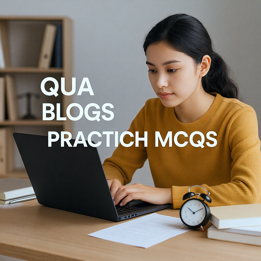 A focused student sitting at a desk with a laptop, practicing MCQs, with legal textbooks and a timer on the desk. The ba...