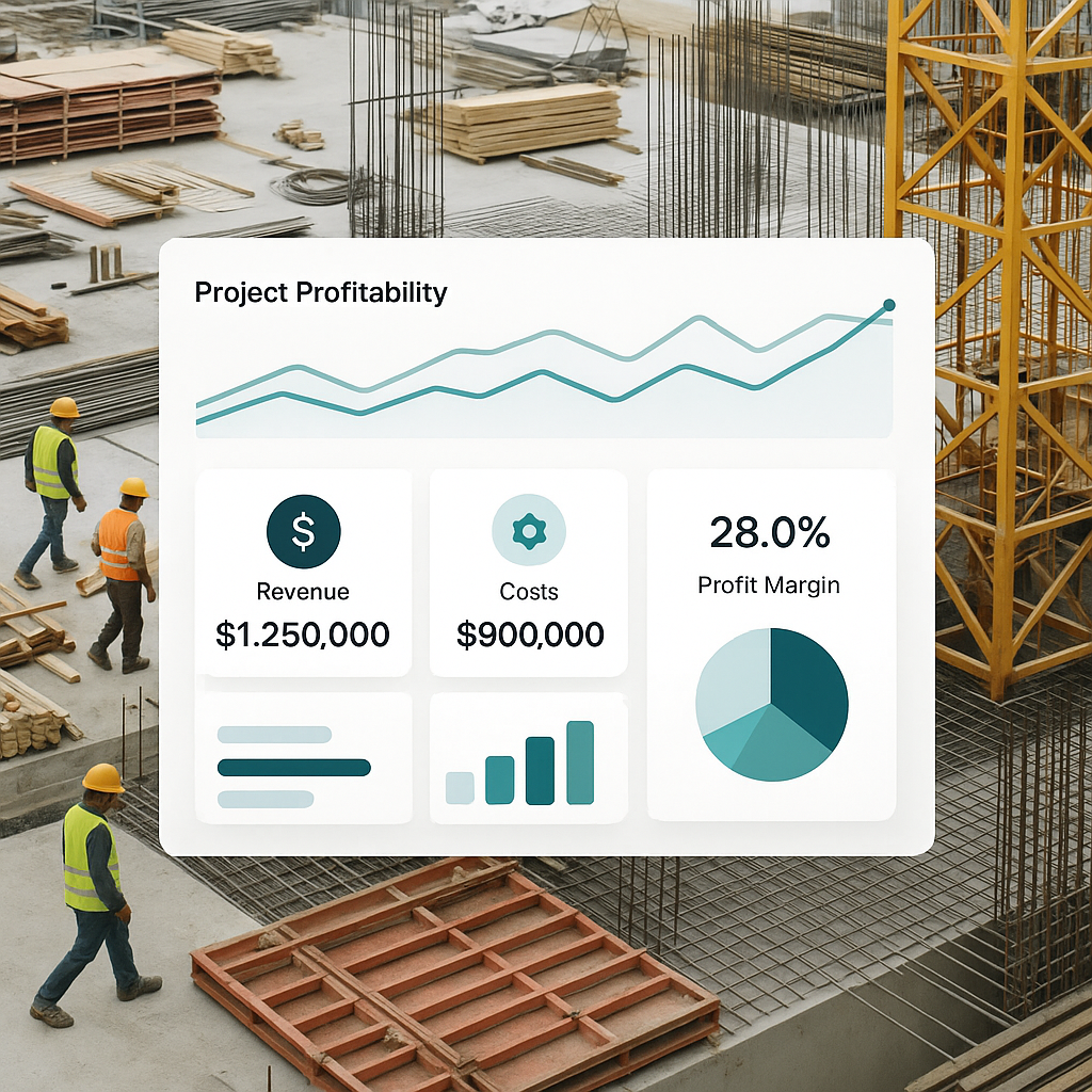 A construction site with workers and materials, overlaid with a digital dashboard showing project profitability metrics,...