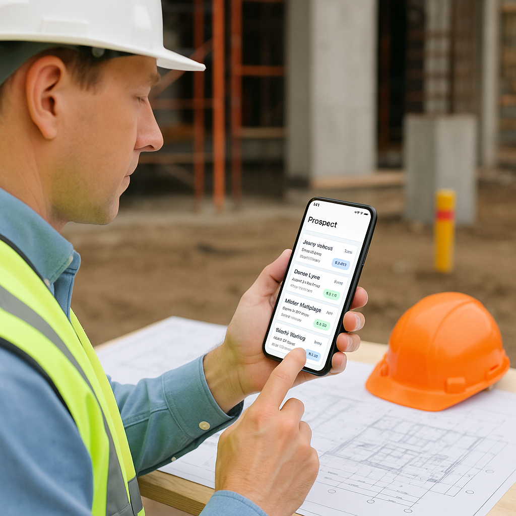 A construction site supervisor using a mobile app on their phone, surrounded by site plans and equipment, with a clear f...