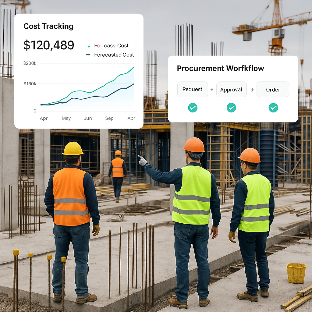 A construction project site with workers and AI-driven dashboards overlayed, showing real-time cost tracking and procure...