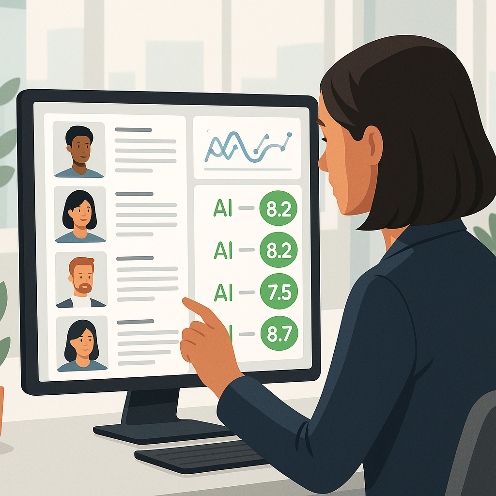 An HR professional analyzing a dashboard with AI-generated candidate scores, featuring diverse resumes and a modern, sle...
