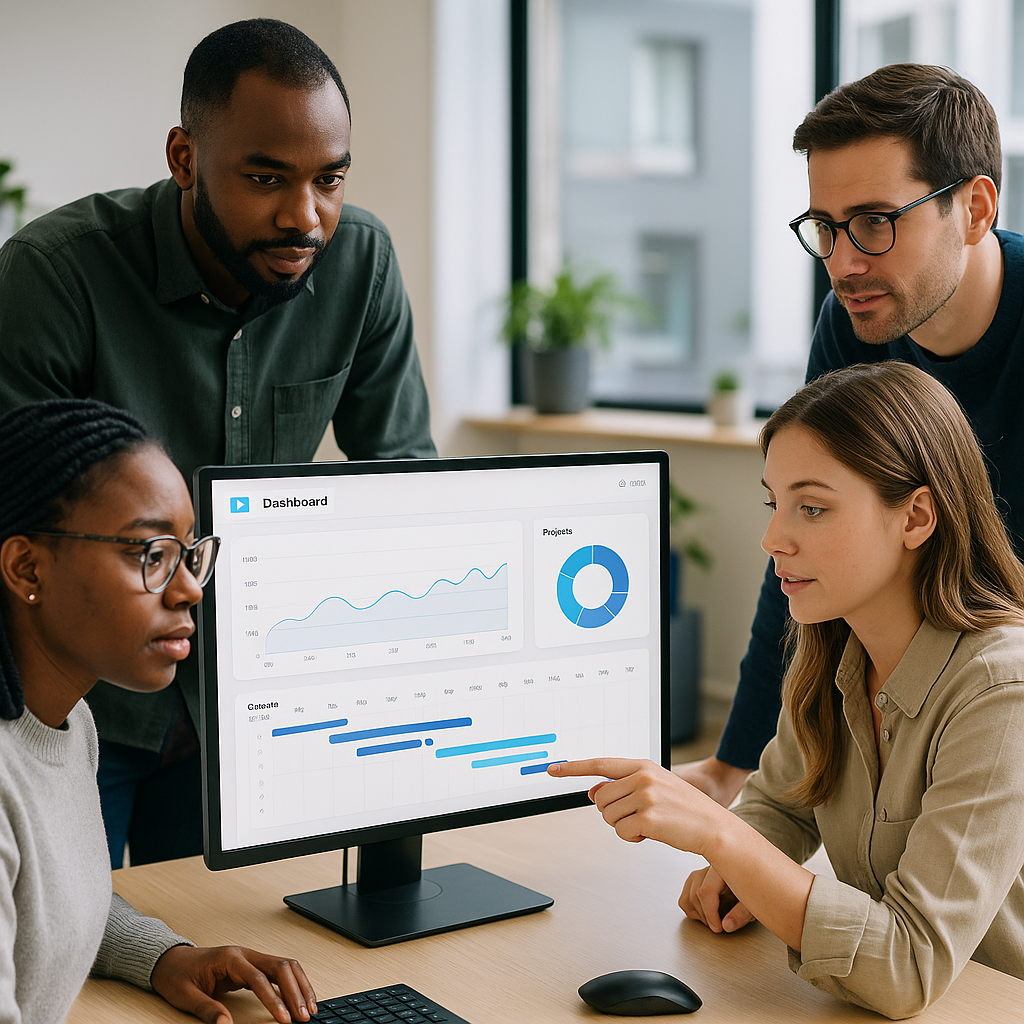 A modern office scene with a diverse team collaborating around a computer, showcasing a sleek SaaS dashboard with charts...