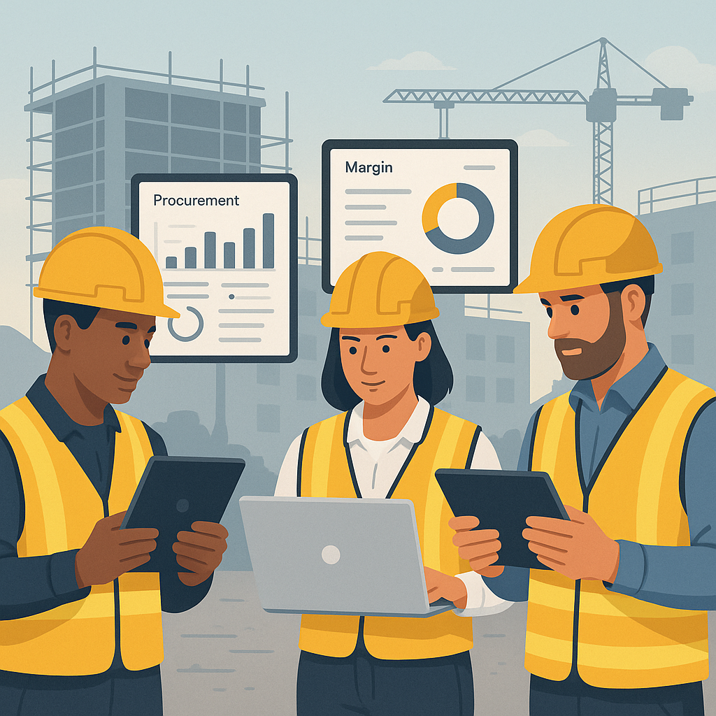 A detailed illustration of a construction team using tablets and laptops on a worksite, with digital dashboards showing...