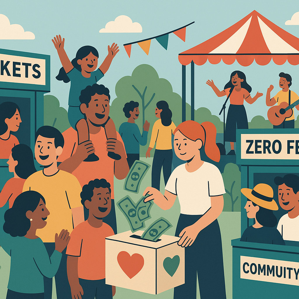 A detailed illustration of a non-profit community event, showing happy people attending a cultural festival. Include tic...