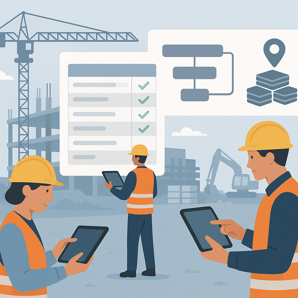An illustrated construction site with digital tools overlayed: workers holding tablets, a screen showing BOQs and billin...