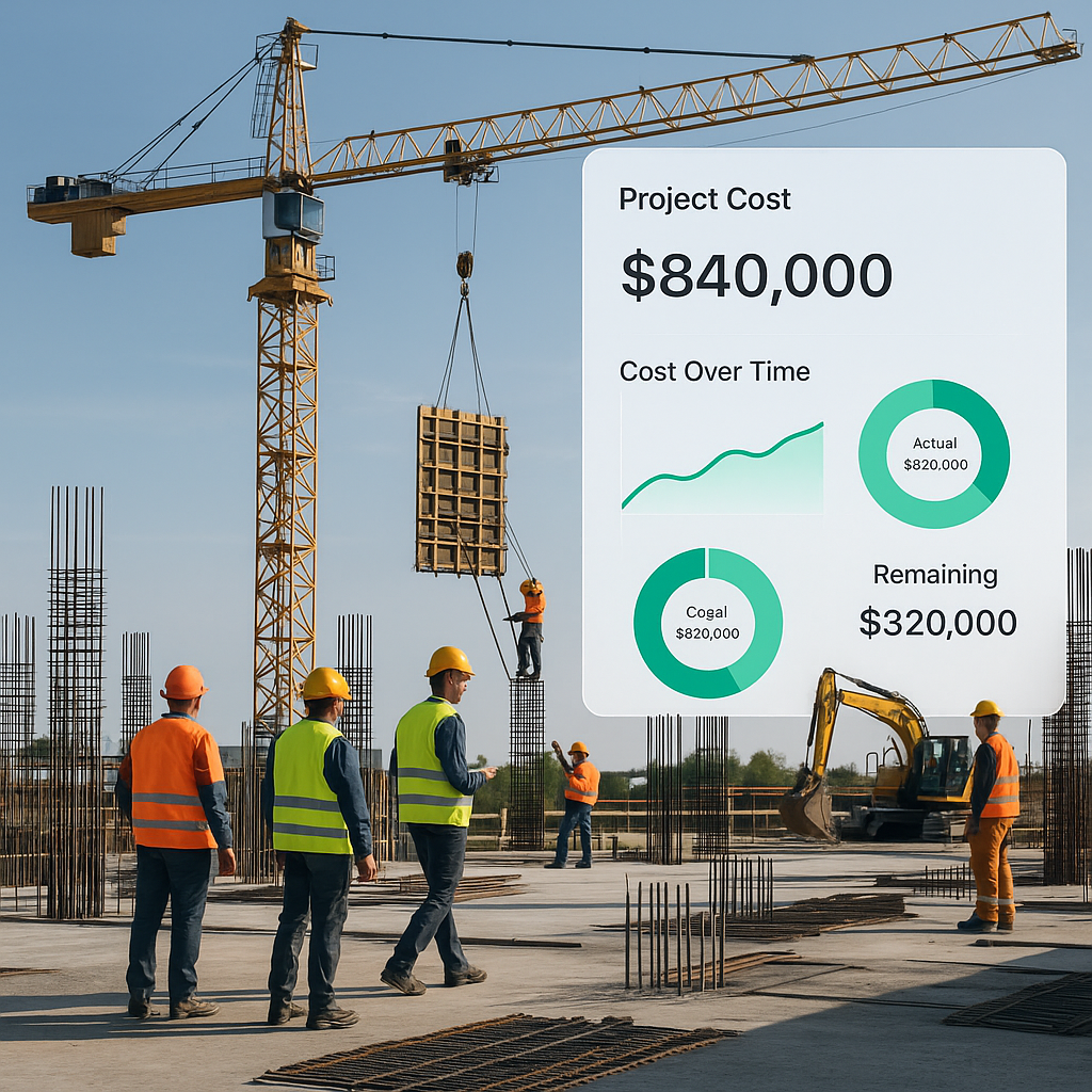 A construction site with workers, equipment, and a digital dashboard overlay showing real-time project cost tracking.