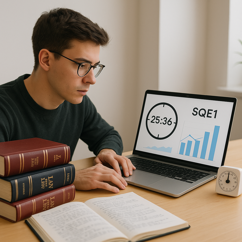 A focused student using a laptop for SQE1 exam preparation, surrounded by legal textbooks and notes, with a timer and an...