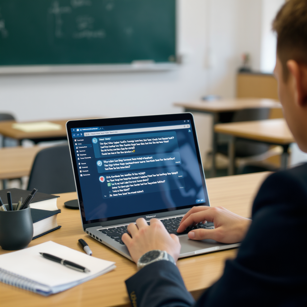 A modern UK classroom setting where a student is using a laptop with AI-generated legal questions displayed on the scree...