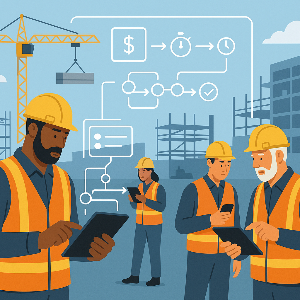 An illustrated construction site with multiple teams using tablets and devices, overlaid with digital workflow diagrams...
