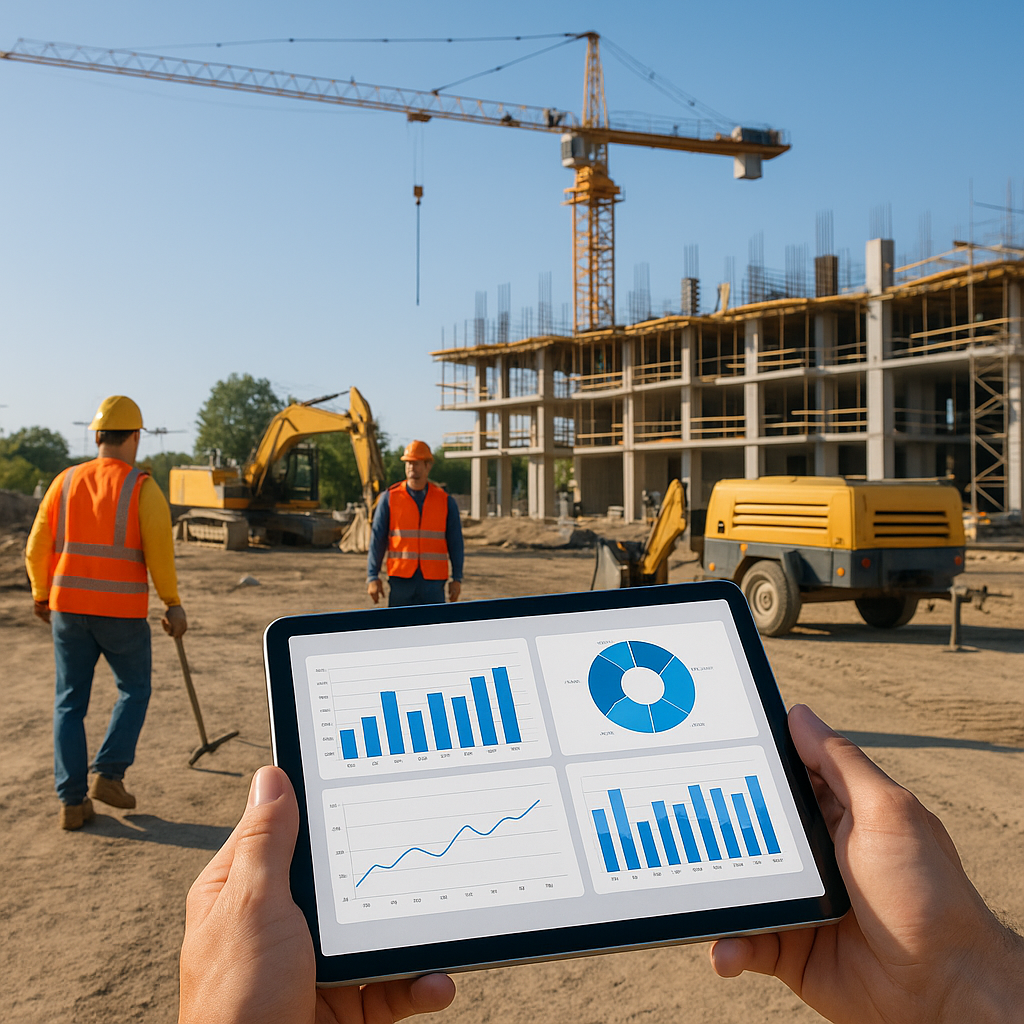 A mid-sized construction site with workers, equipment, and a digital tablet showing real-time ERP dashboards. Sunny day,...