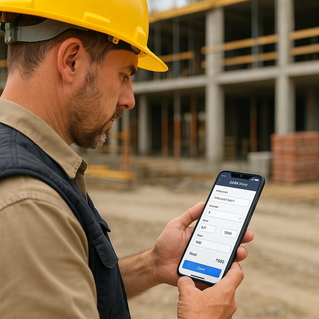 A construction contractor using a mobile app on-site, with a clear focus on the phone screen showing a BOQ entry interfa...