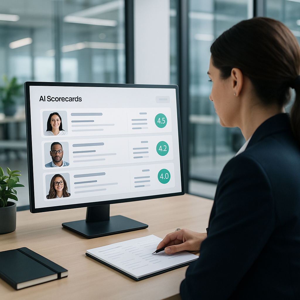A recruiter sitting at a desk reviewing candidate scorecards generated by AI, with a clean and modern interface on a com...