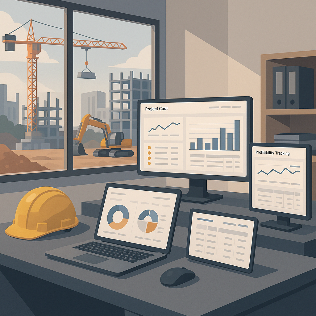 A realistic illustration of a construction site office with multiple screens showing dashboards for project costs, subco...