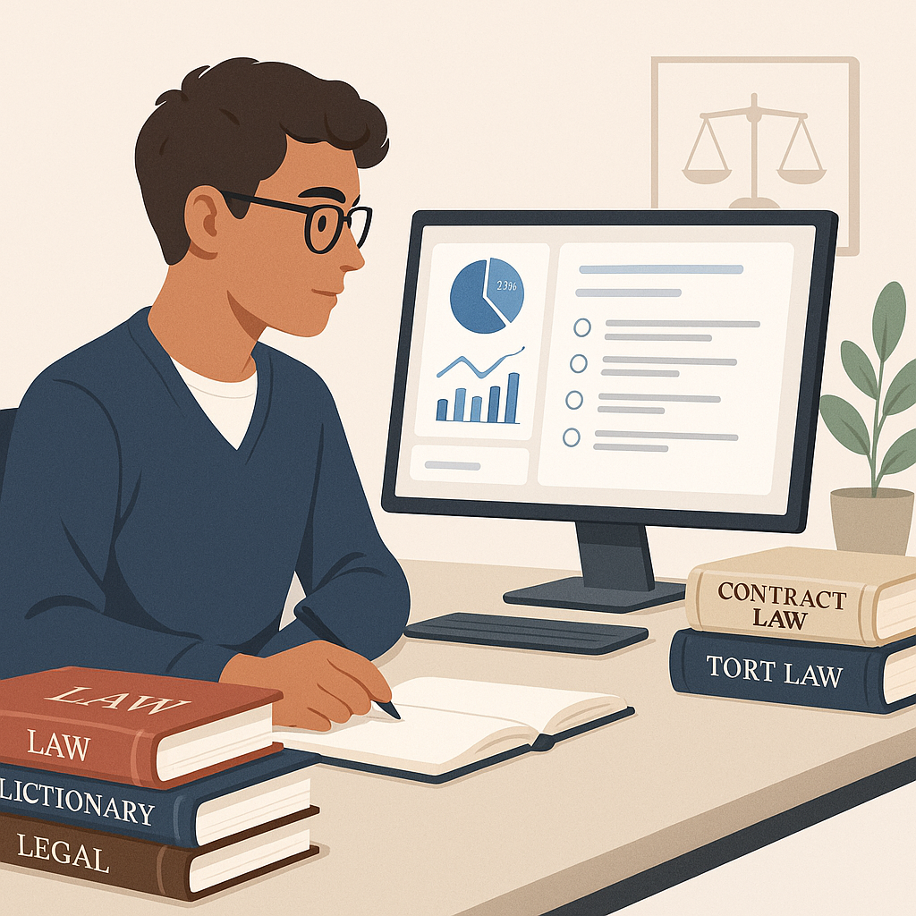 A detailed illustration of a law student sitting at a modern desk, surrounded by legal textbooks and a computer screen d...