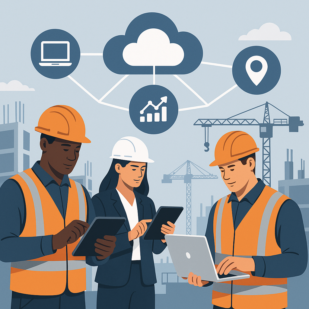 A construction project site with workers using tablets and laptops, connected to a cloud system diagram in the backgroun...