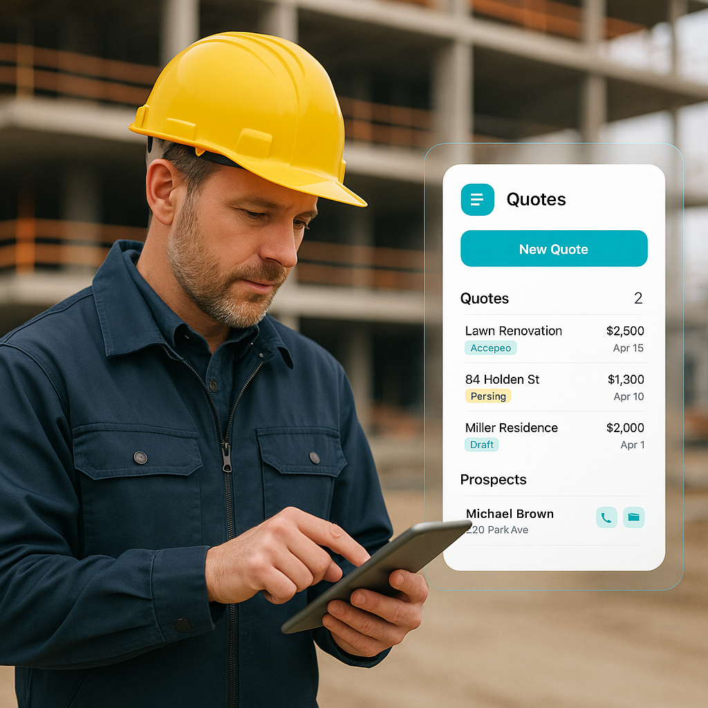 A contractor at a construction site using a tablet, with a dynamic overlay showing a digital interface of a mobile app f...