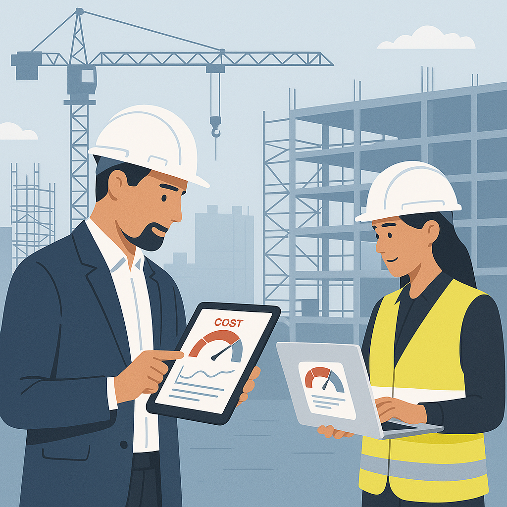 An illustration of a construction site with managers using tablets and laptops, showing real-time cost tracking dashboar...