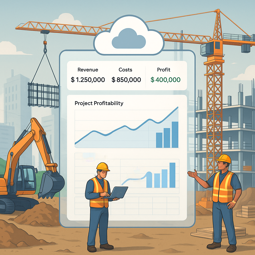 A detailed digital illustration of a construction site with workers, machinery, and a large transparent overlay of a clo...