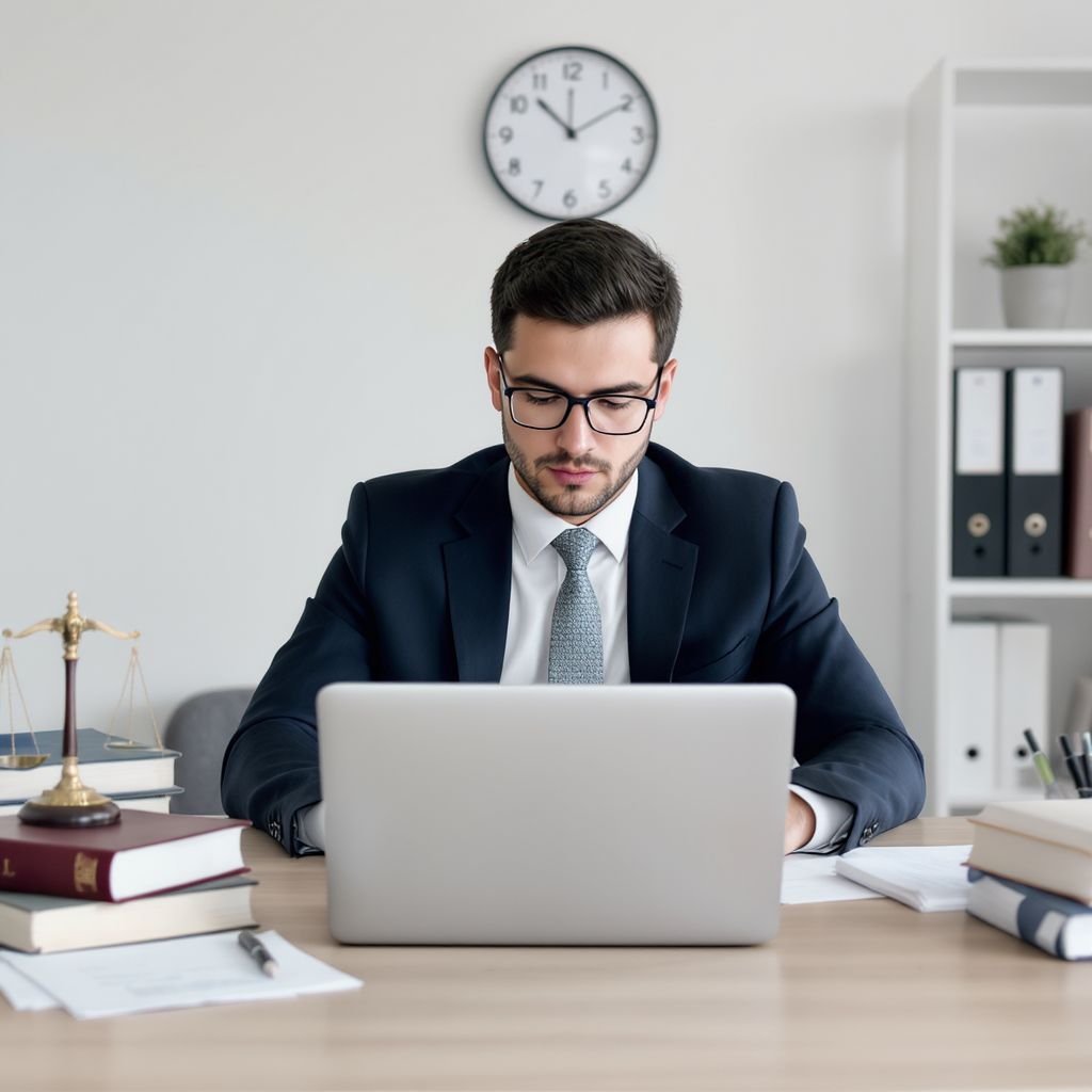 A young aspiring solicitor studying at a desk with a laptop, surrounded by legal textbooks and notes. The background sho...
