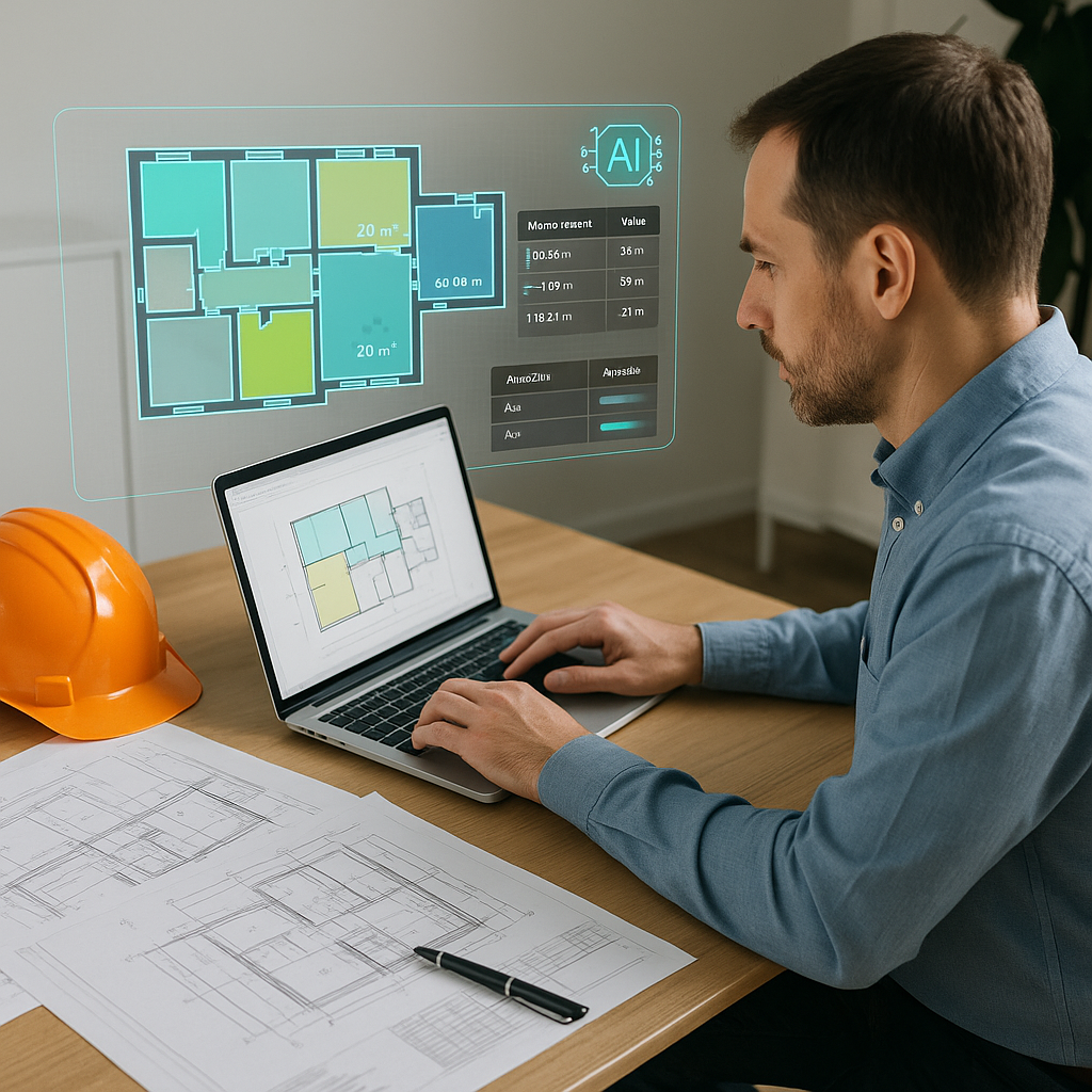 A construction estimator at a desk using software on a laptop, with building blueprints and a digital overlay of AI-powe...
