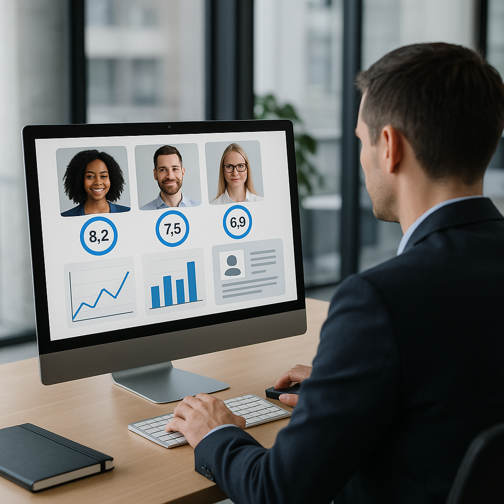A modern office setting with a recruiter analyzing candidate profiles on a sleek AI-driven dashboard. Include graphs, sc...