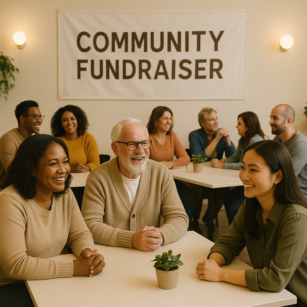 A small community event with diverse attendees seated at tables, smiling and engaging, with a banner that says 'Communit...